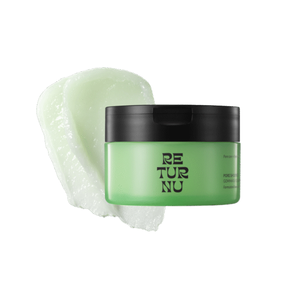RETURNU Pore Shooter Gommage Mask in green jar with product texture