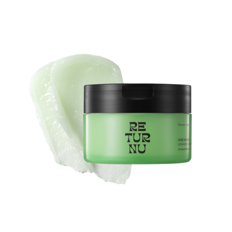 RETURNU Pore Shooter Gommage Mask in green jar with product texture