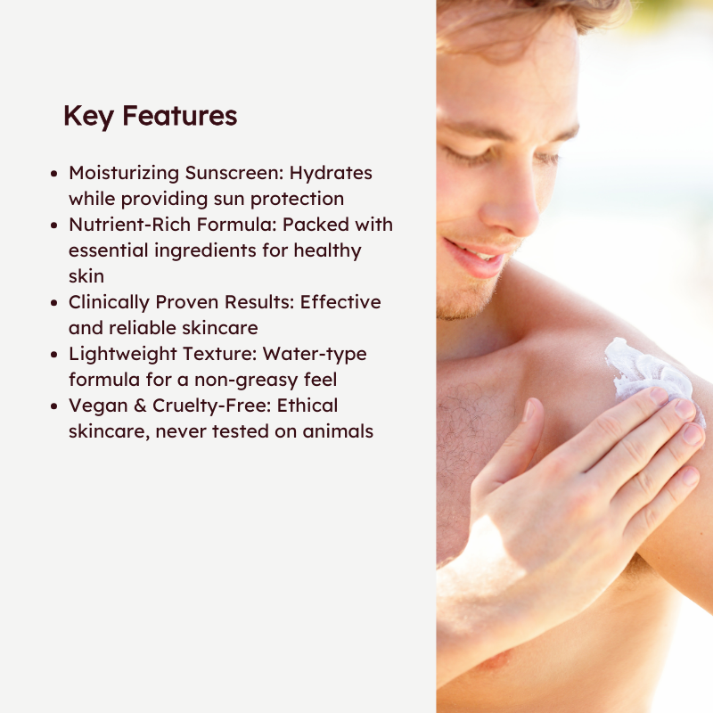 Man applying RETURNU sunscreen with key skincare benefits listed