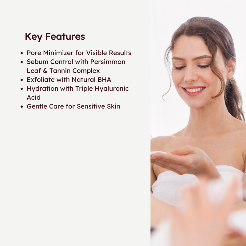 Model with RETURNU toner and skincare feature highlights