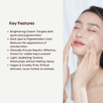 Woman applying RETURNU brightening cream with listed skincare benefits
