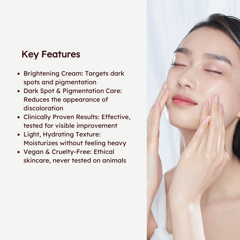 Woman applying RETURNU brightening cream with listed skincare benefits