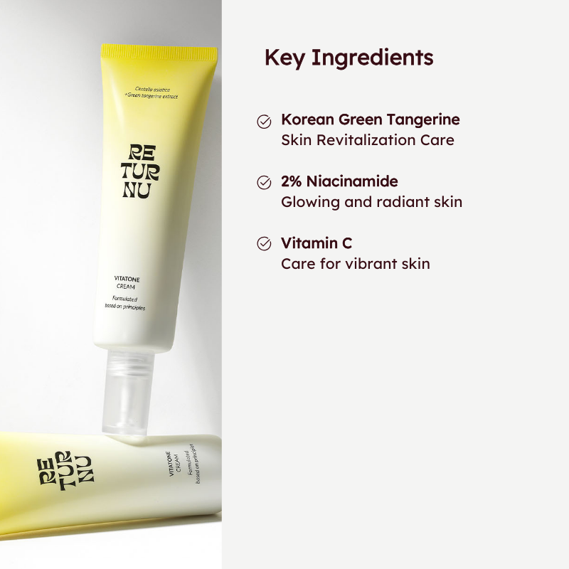 RETURNU Vitatone Cream tube with Korean green tangerine, niacinamide, and vitamin C benefits