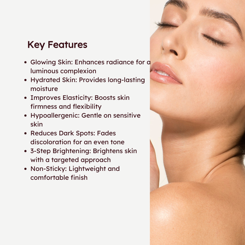 Woman with glowing skin beside RETURNU essence skincare benefits